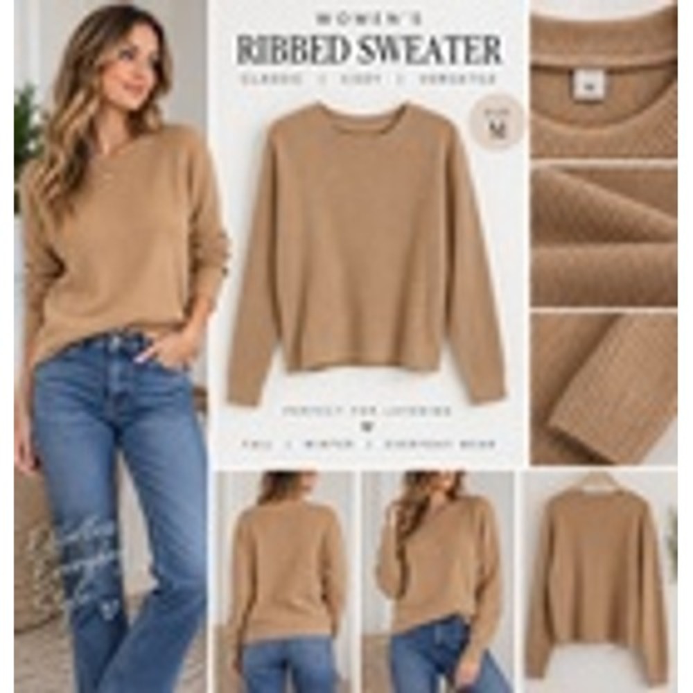 Womens M Camel Tan Ribbed Crewneck Sweater Pullover Minimalist Fall Cozy